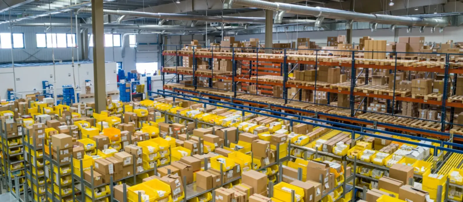 Raflar arasında koli ve paletlerin düzenlendiği büyük depo